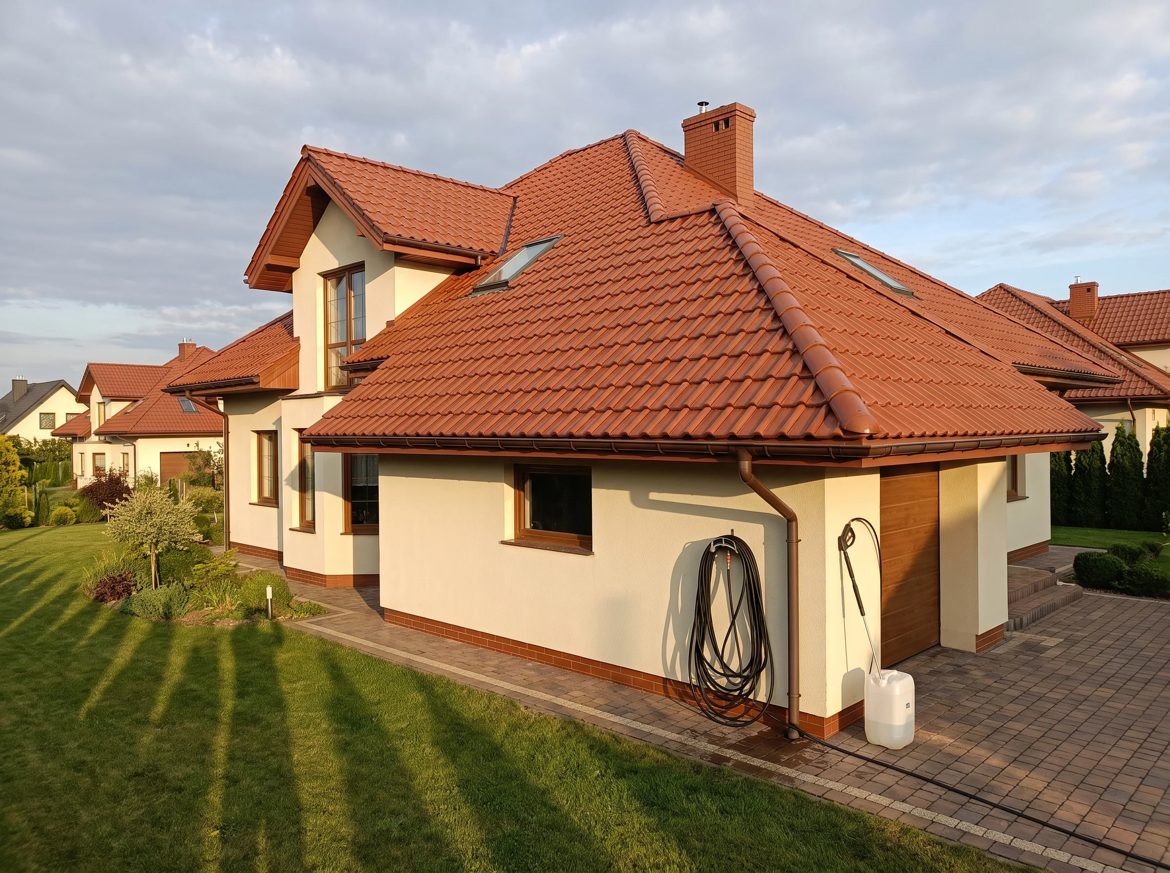 Widok na dom jednorodzinny z dachem w kolorze czerwonym, z ogrodem i kostką brukową wokół