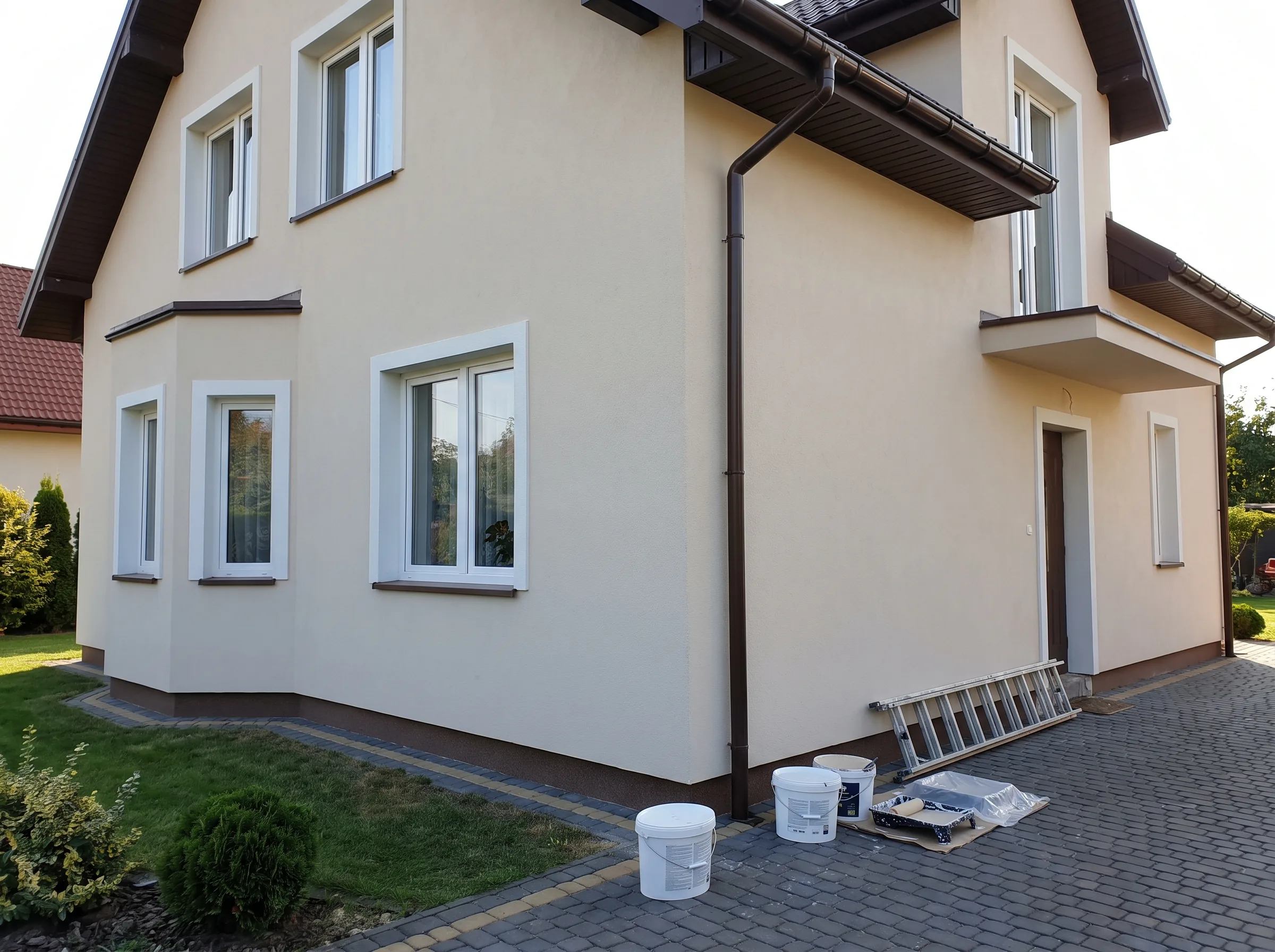 Czysta elewacja budynku z przygotowaniami do malowania na tarasie