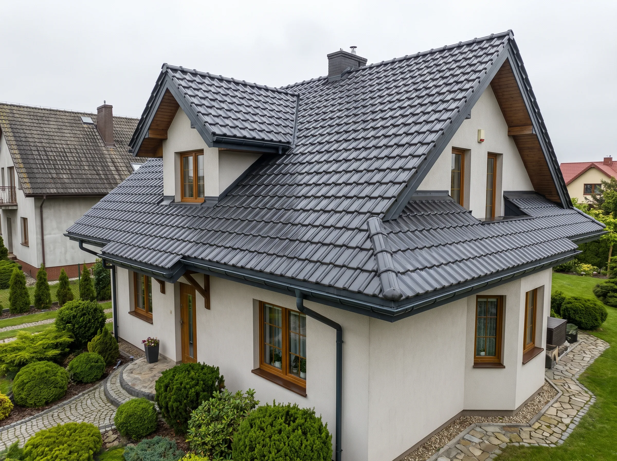 Widok na dom jednorodzinny z dachem pokrytym dachówką, otoczony zielonym ogrodem