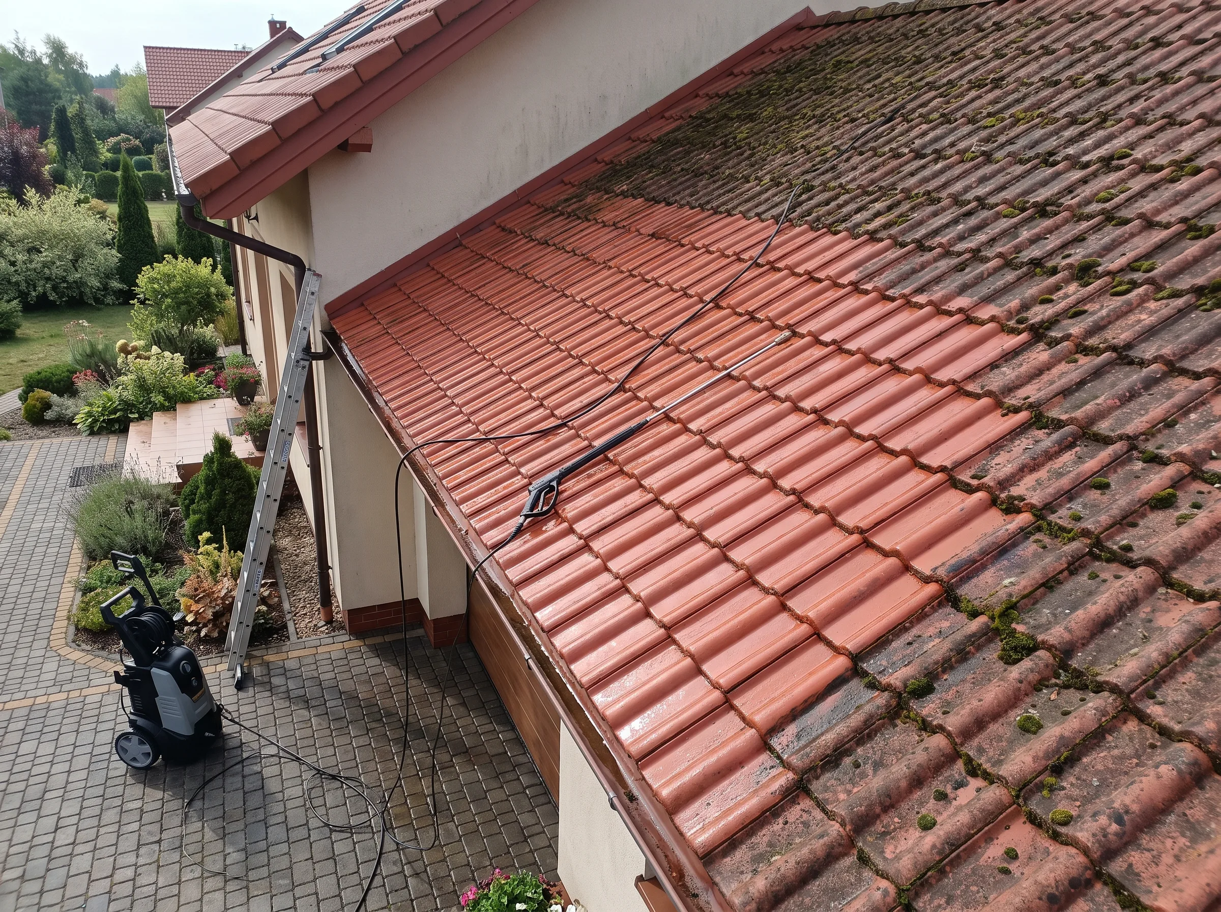 Mycie dachu z użyciem ciśnieniowym, widoczny sprzęt oraz brudne dachówki