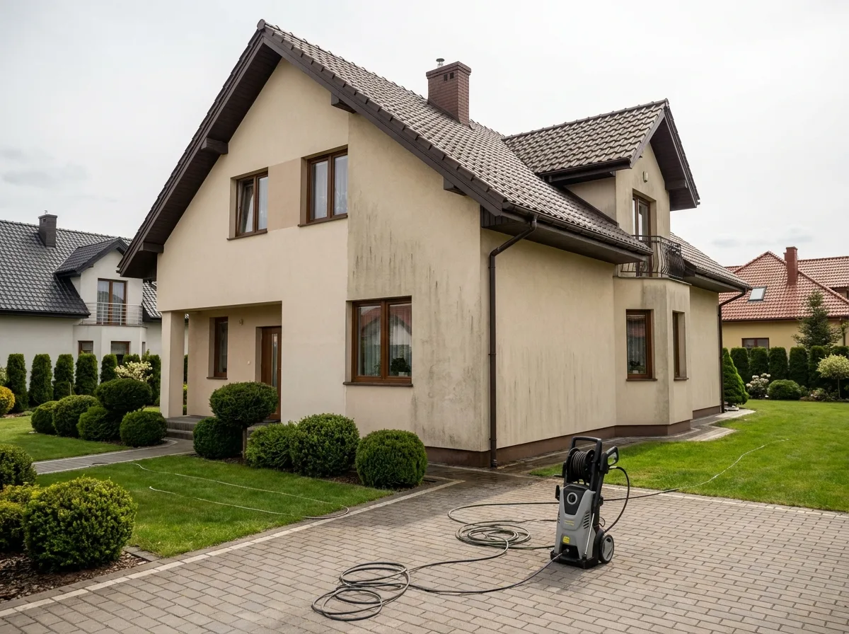 Mycie elewacji budynku mieszkalnego z użyciem sprzętu do czyszczenia ciśnieniowego