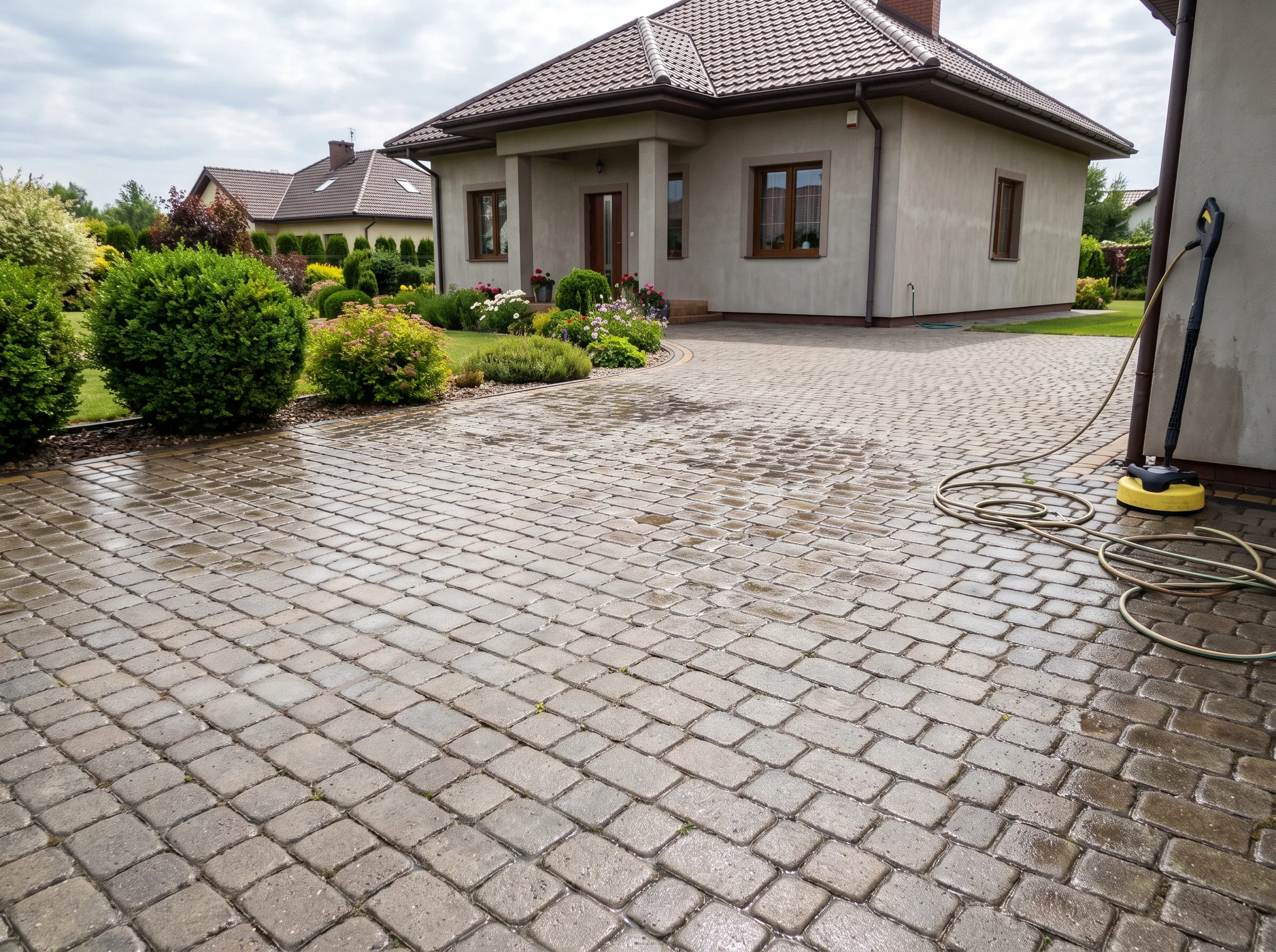 Mycie kostki brukowej na podjeździe domu jednorodzinnego, widoczne czyste kostki