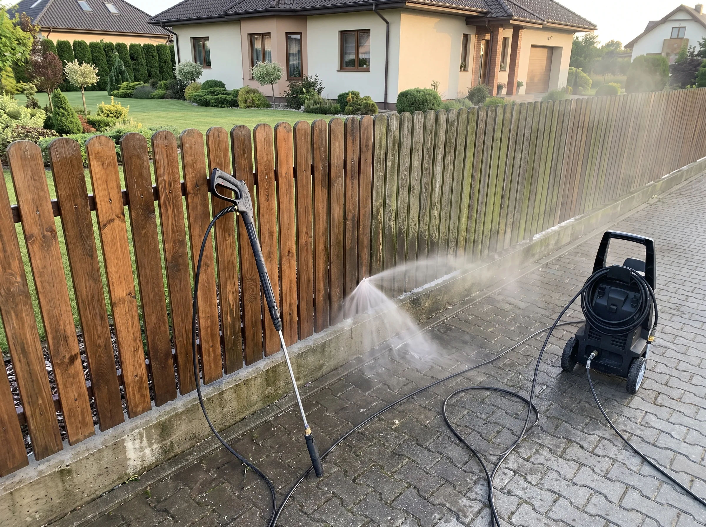 Mycie ogrodzenia za pomocą sprzętu do czyszczenia wysokociśnieniowego