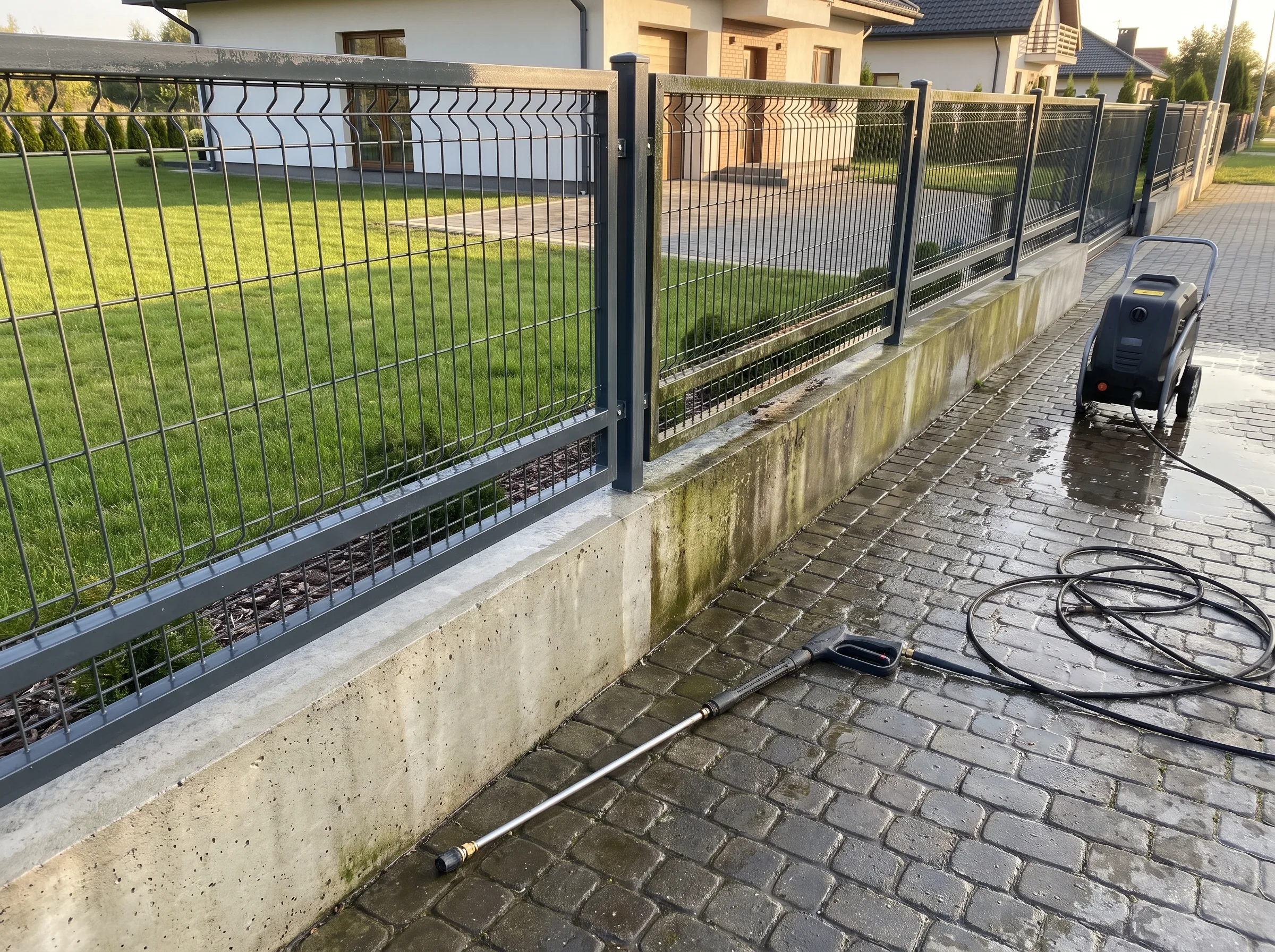 Mycie ogrodzenia za pomocą urządzenia wysokociśnieniowego, widoczny brud na słupkach
