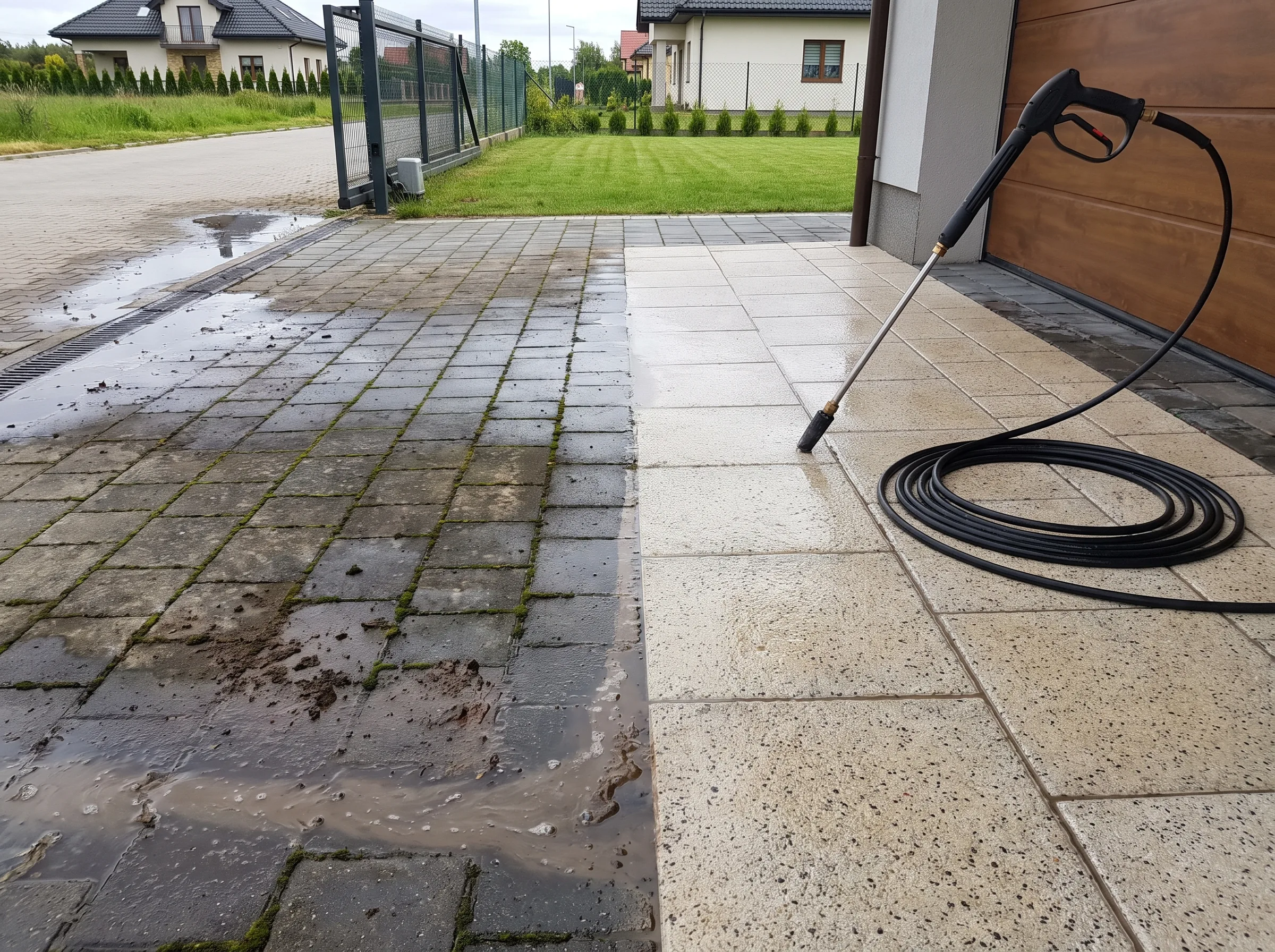 Mycie kostki brukowej z użyciem wody pod wysokim ciśnieniem, widoczna różnica między czystą a zabrudzoną powierzchnią