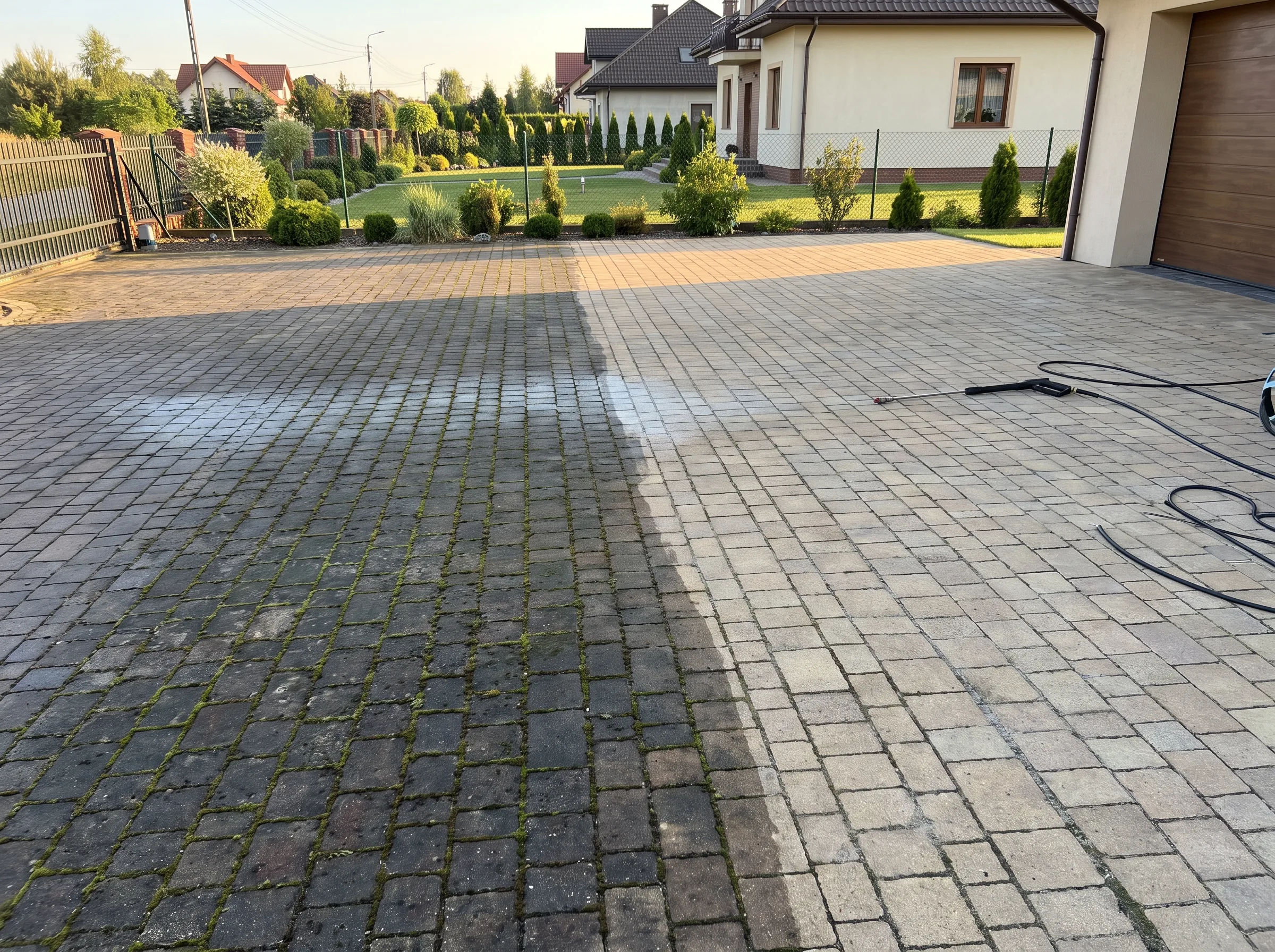 Mycie kostki brukowej, widoczna połowa z brudem i połowa czysta po czyszczeniu