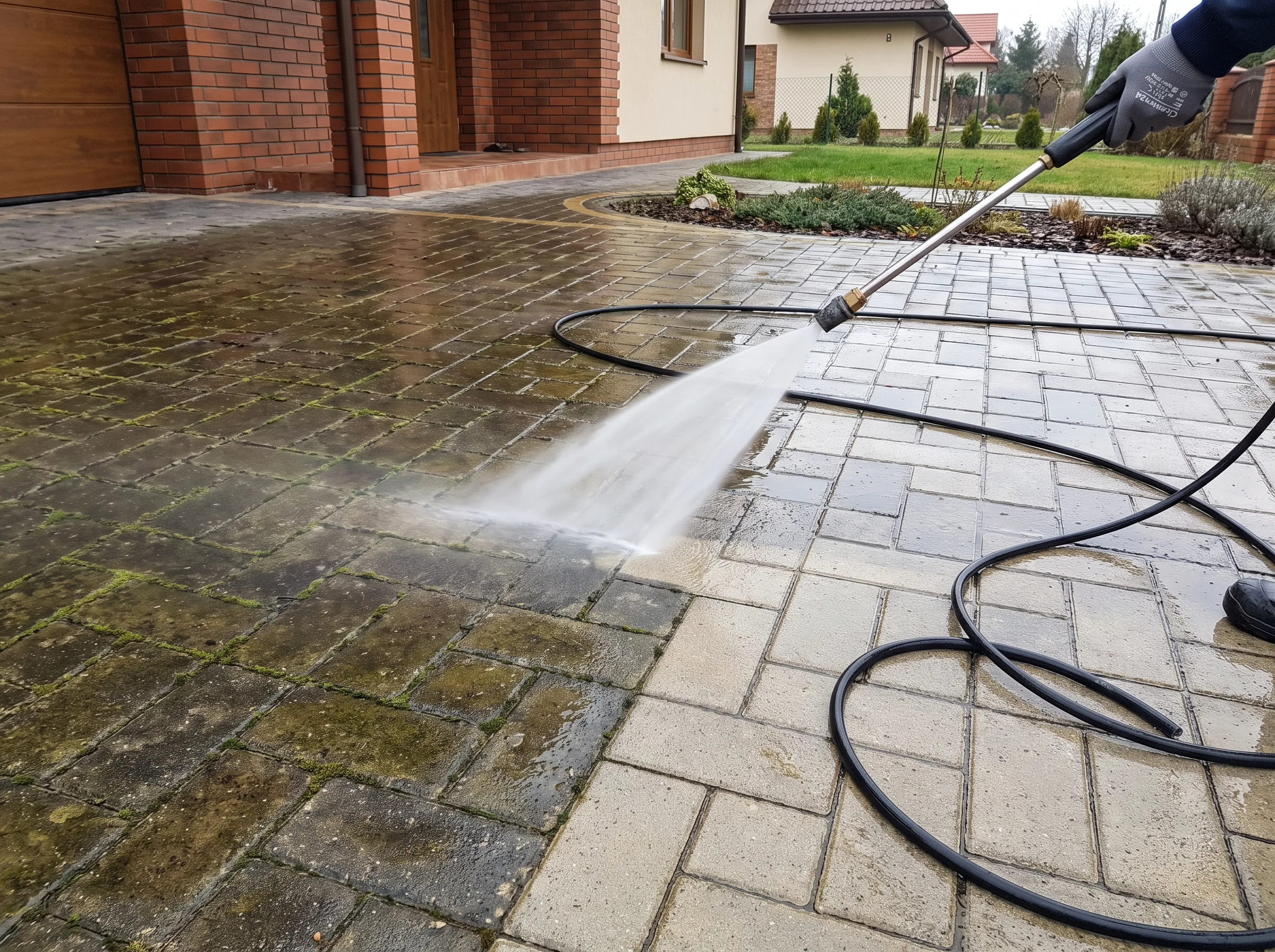 Mycie kostki brukowej przy użyciu wody pod wysokim ciśnieniem, widoczne zanieczyszczenia
