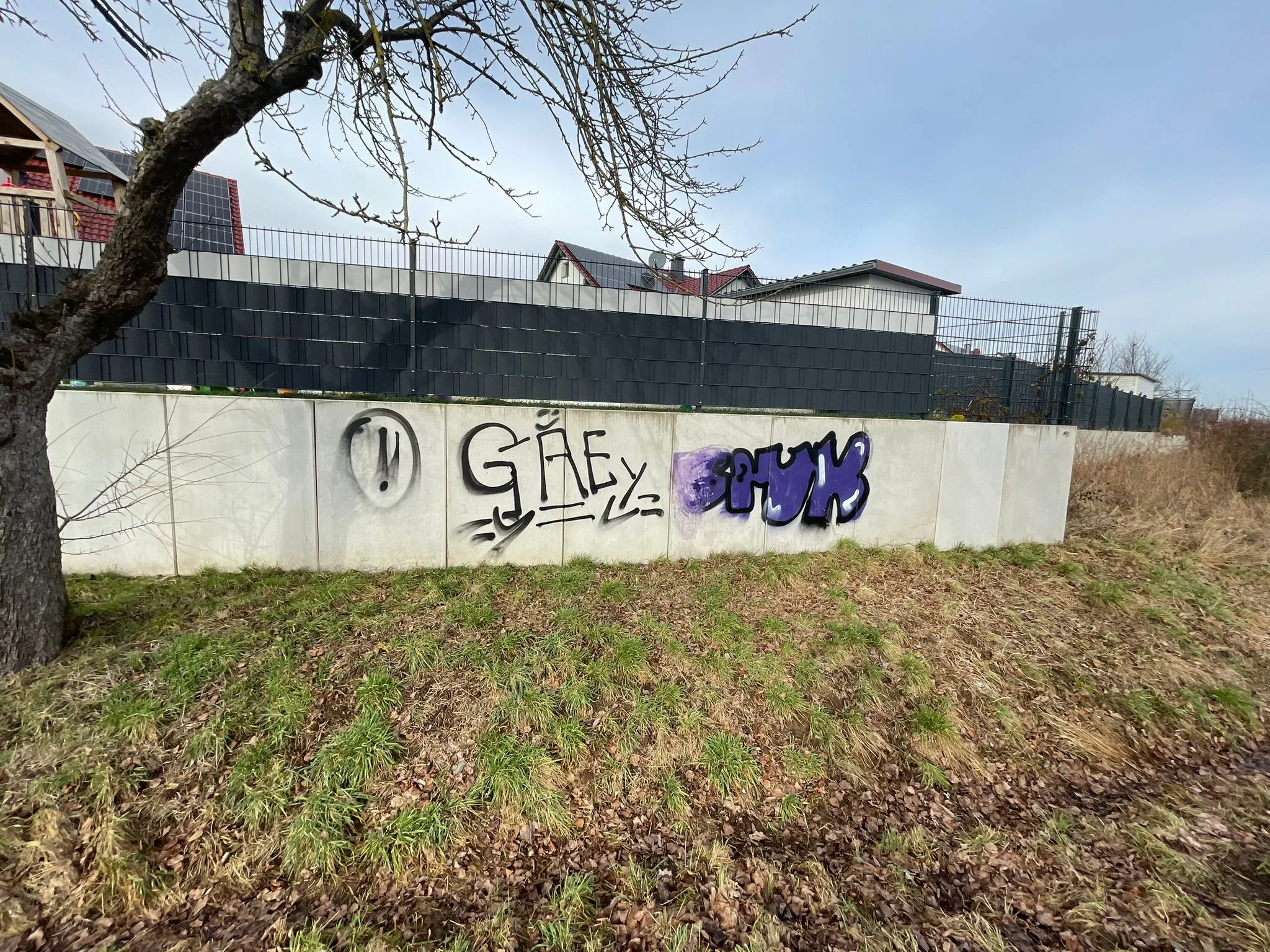 Usunięte graffiti z muru na tle zielonej trawy i ogrodzenia