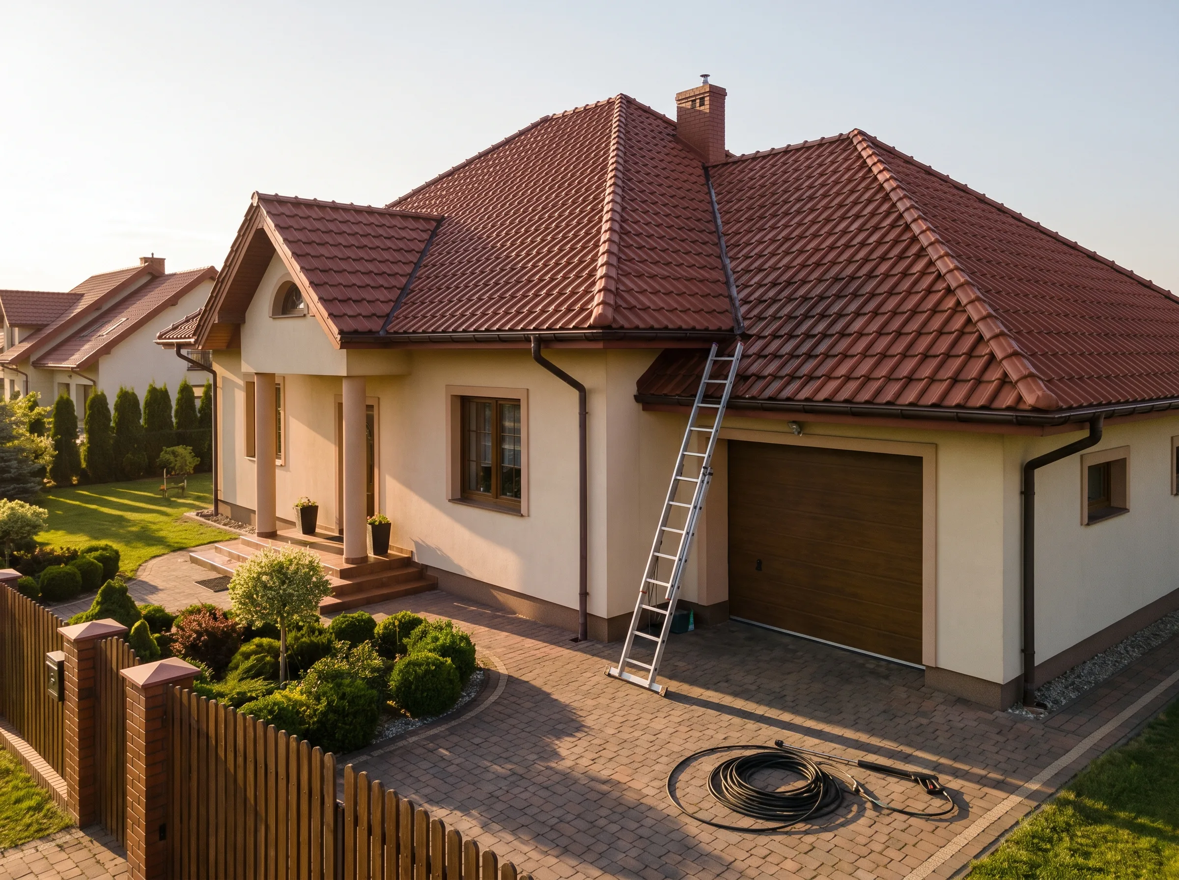 Widok na dom jednorodzinny z dachem w trakcie czyszczenia dachu wysokościowymi sprzętem