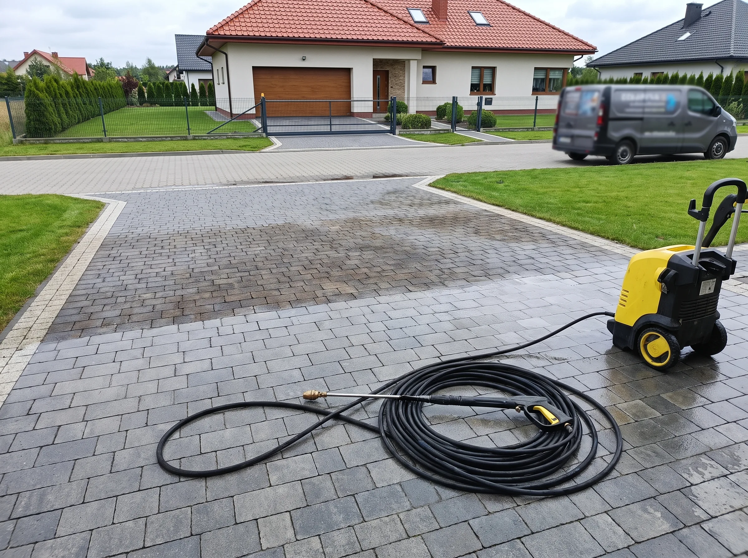 Mycie kostki brukowej w ogrodzie z użyciem myjki ciśnieniowej
