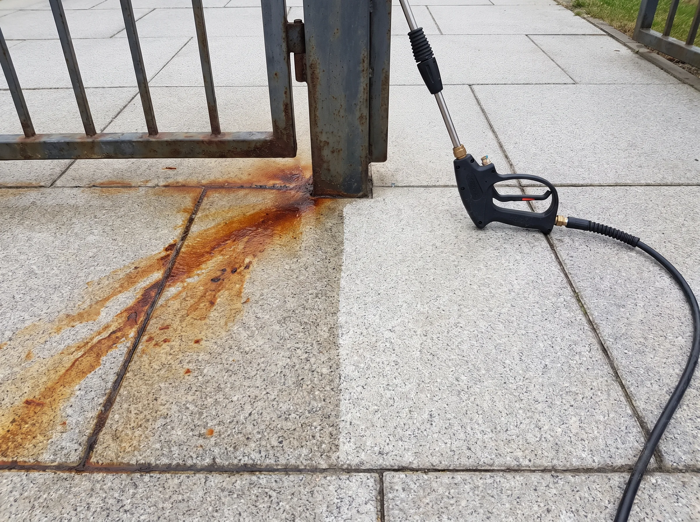 Mycie kostki brukowej z użyciem myjki ciśnieniowej, widoczne zanieczyszczenia