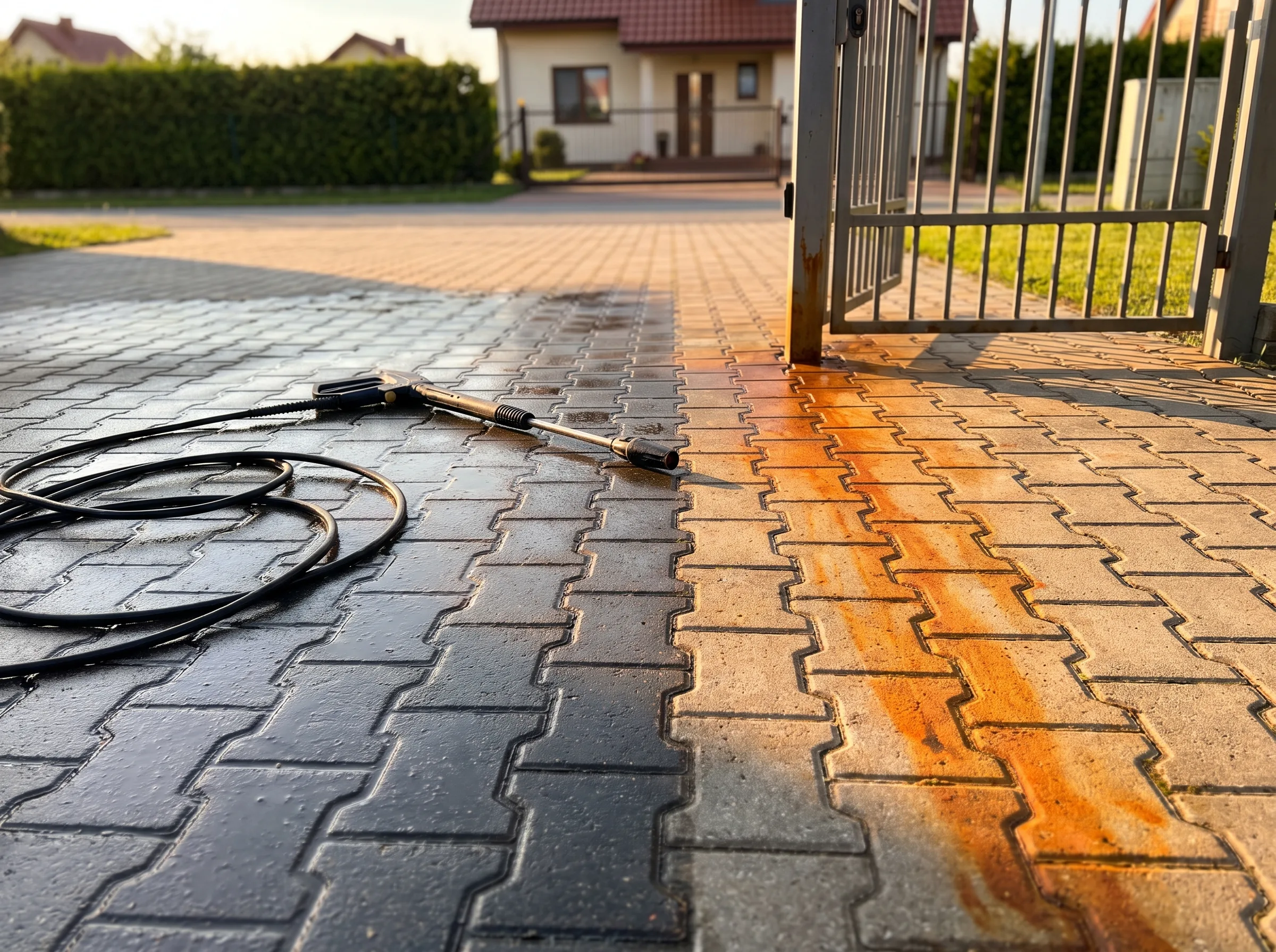 Mycie kostki brukowej - porównanie przed i po czyszczeniu wysokociśnieniowym