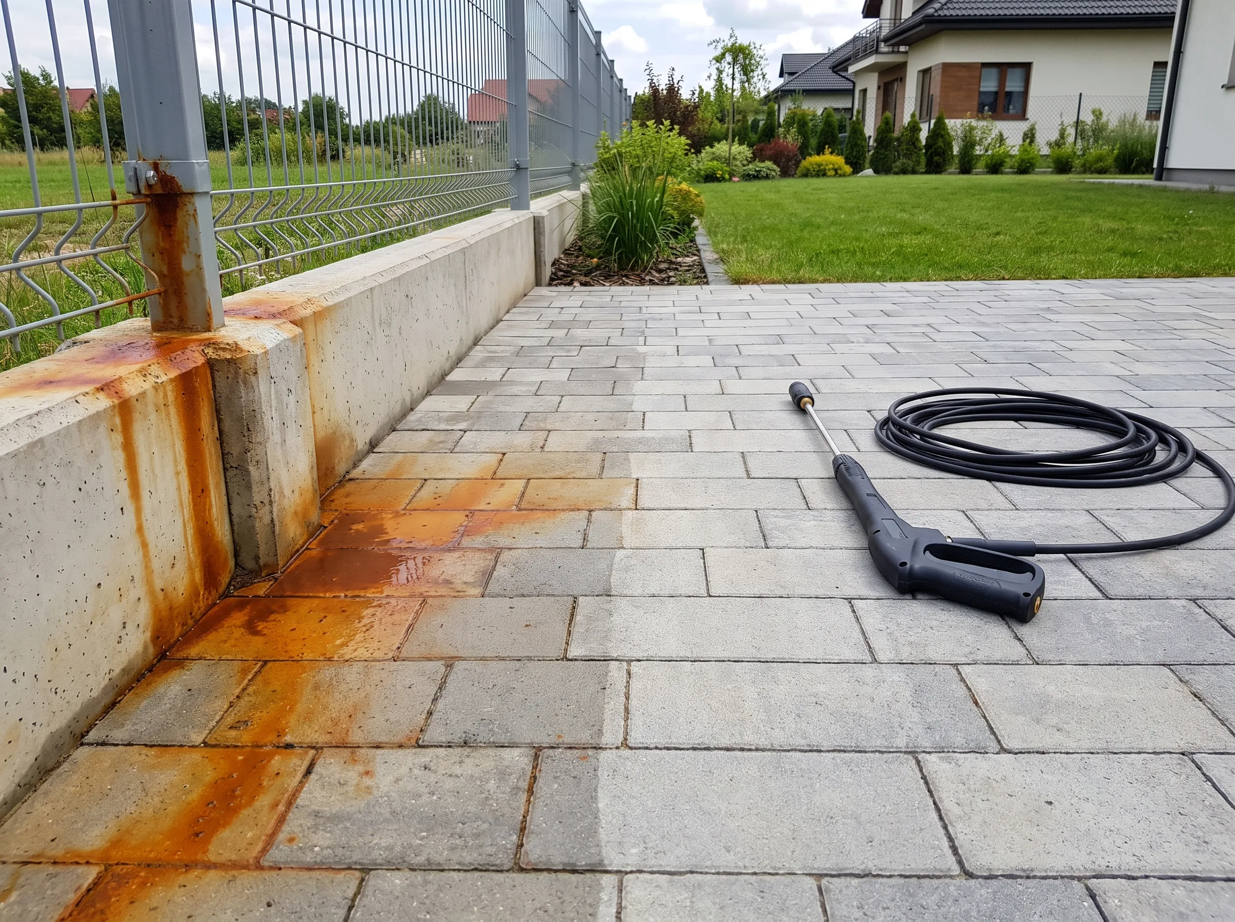 Mycie kostki brukowej z usunięciem rdzy i zabrudzeń na podjeździe