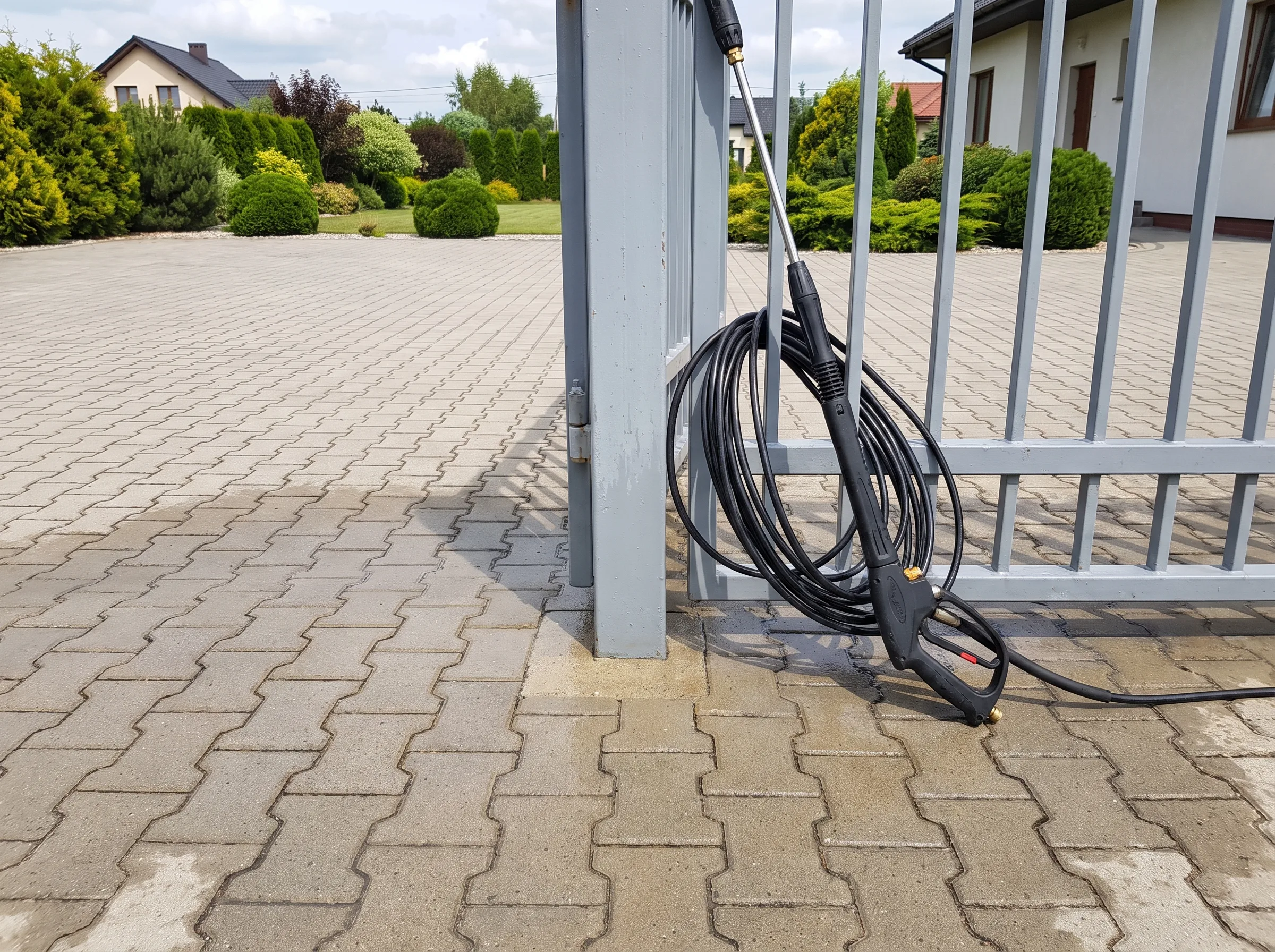 Wysokociśnieniowe mycie kostki brukowej przy bramie wjazdowej, urządzenie ciśnieniowe w kadrze